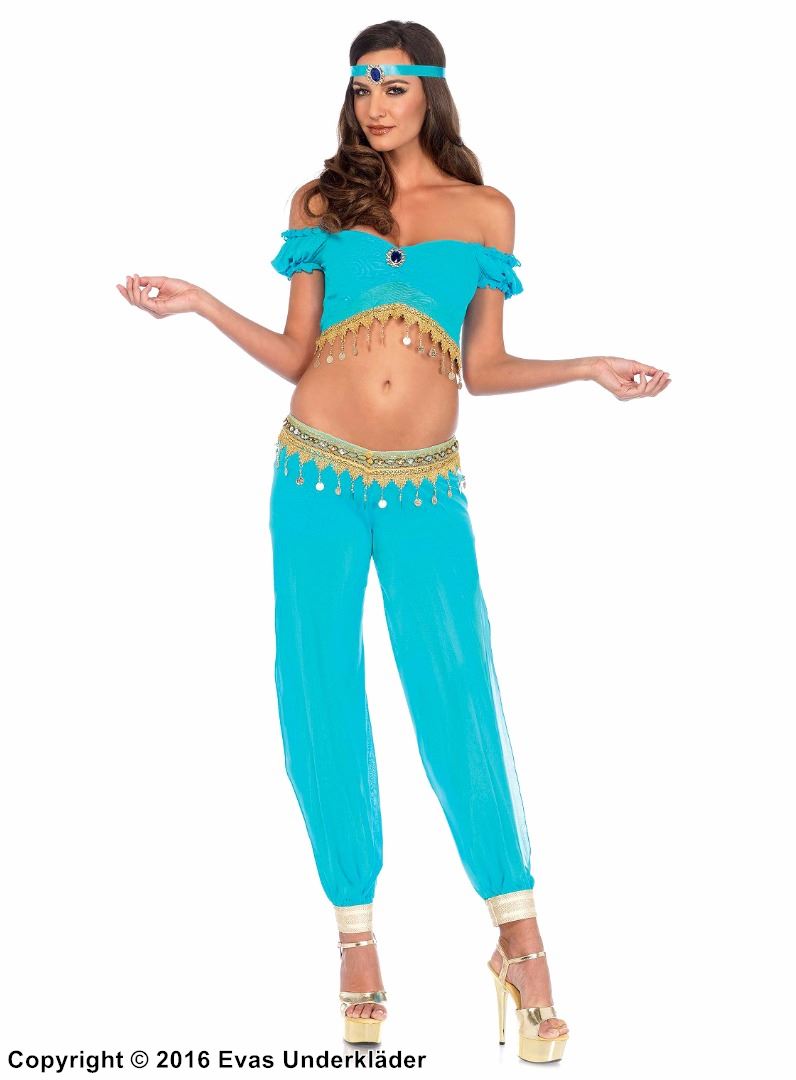 Princess Jasmine from Aladdin, top and pants costume, rhinestones, off shoulder